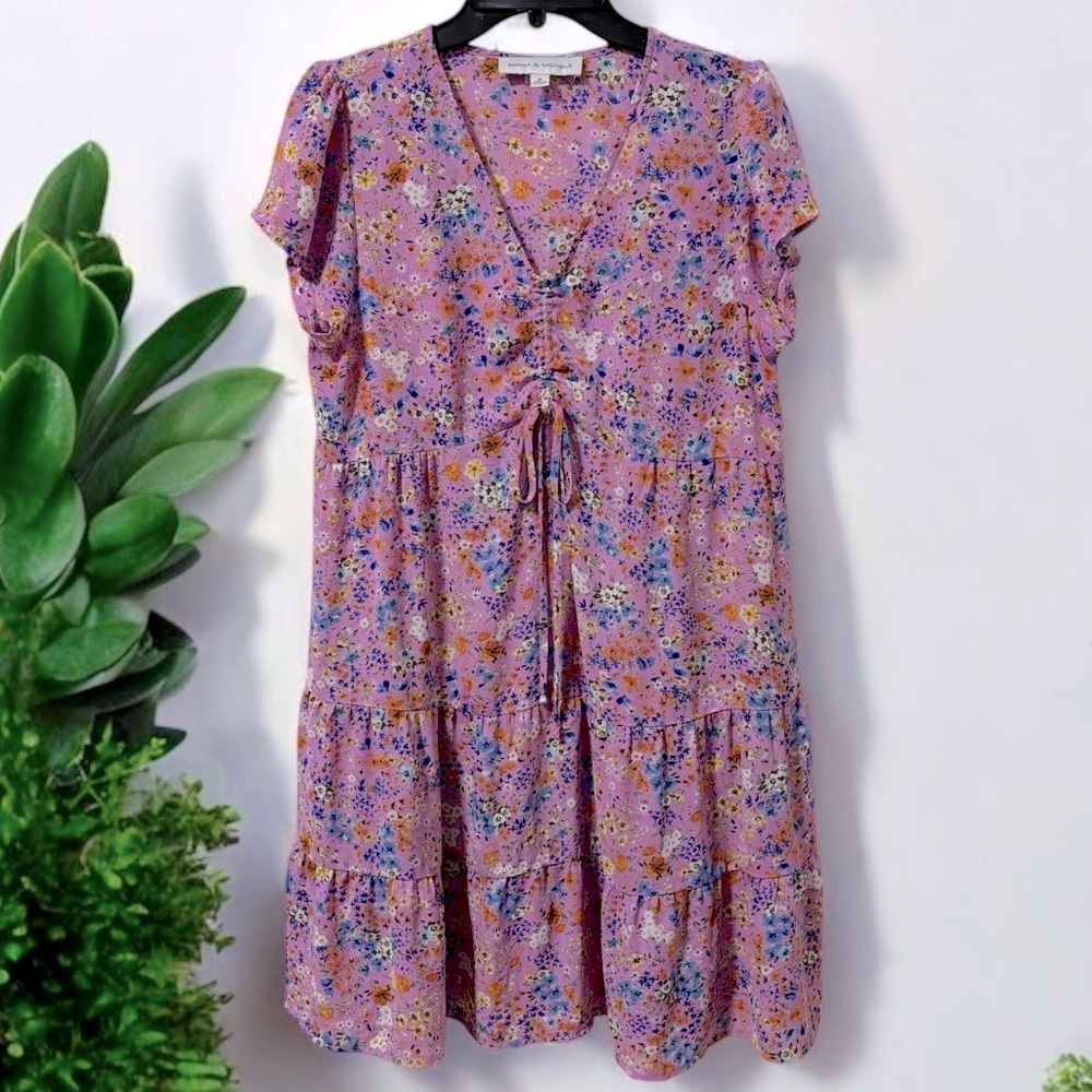 EMMA & MICHELE (M) Floral Babydoll Dress Pink Orange Blue Tiered Cap Sleeves - M